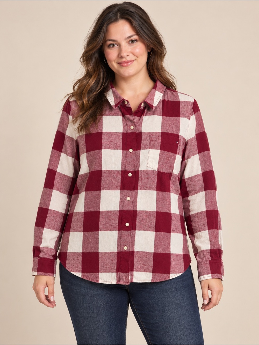 Tommy Hilfiger Burgundy and White Buffalo Plaid Button-Down Shirt L